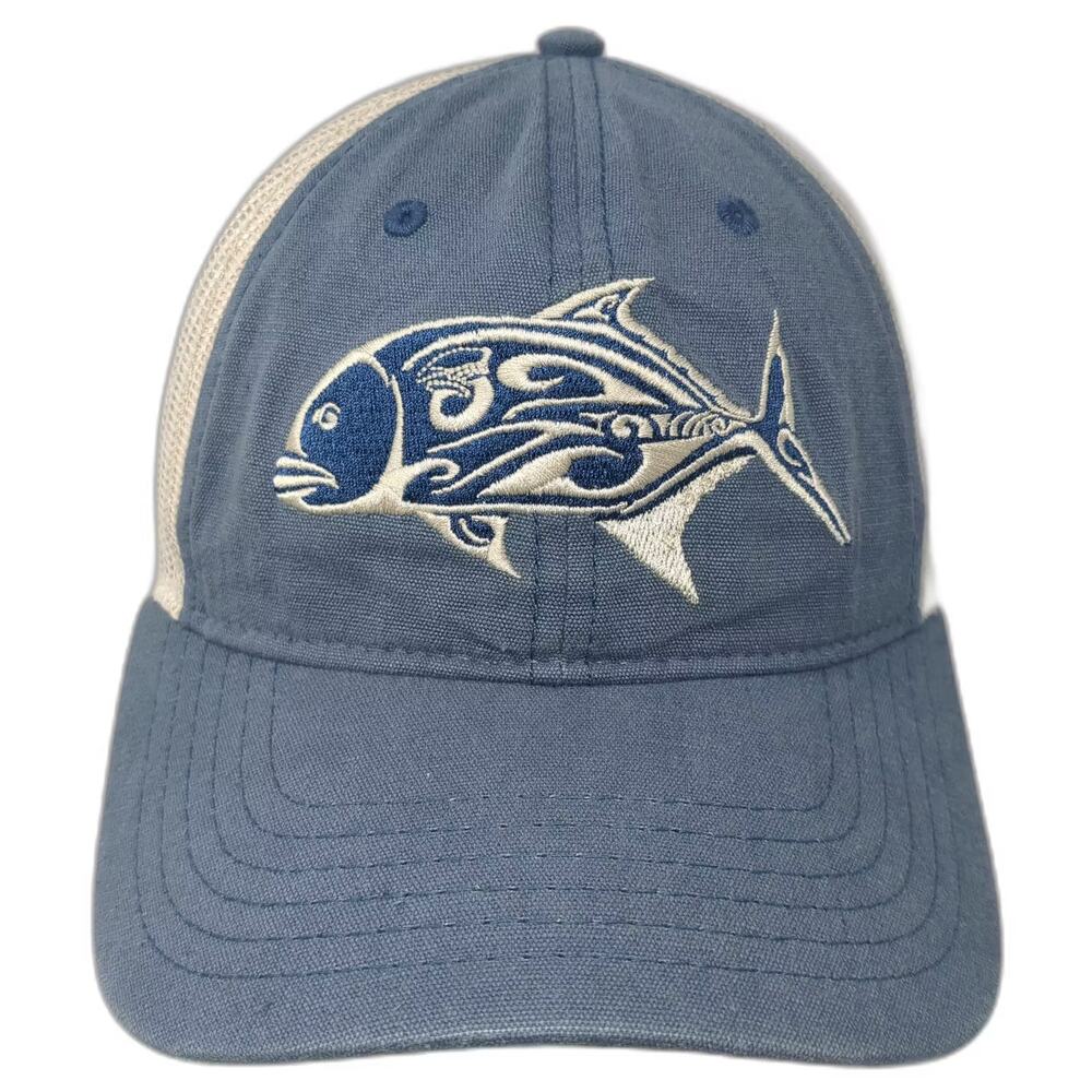 808 Clothing Co Trucker Hat Blue Beige OS Snapback Fish Embroidery Maui Hawaii
